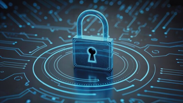 Secure digital padlock on glowing abstract circuit board network, symbolizing data protection and cybersecurity