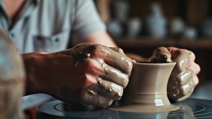 Skilled potter carefully shaping earthenware on rotating wheel, transforming raw clay into unique ceramic piece within rustic workshop environment - Powered by Adobe