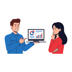 Analyzing Data: A thoughtful business professional examining data analysis with a thoughtful gaze as a colleague confidently presents insights on a laptop.