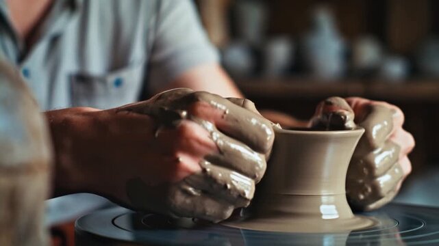 Skilled potter carefully shaping earthenware on rotating wheel, transforming raw clay into unique ceramic piece within rustic workshop environment