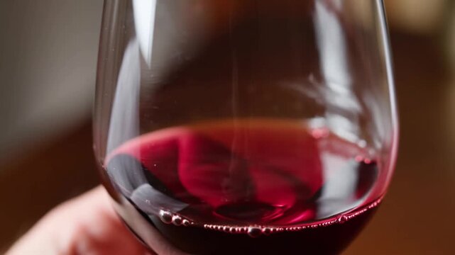 Red wine gently swirling inside transparent glassware, revealing intricate liquid patterns and releasing rich aromatic notes during professional wine tasting experience