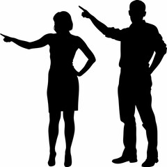 Silhouette of a man and woman pointing at each other accusingly in disagreement