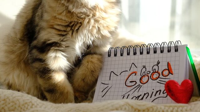 Text Good Morning on paper, notepad. Motivation. Love. Atmospheric mood. Cute kitten