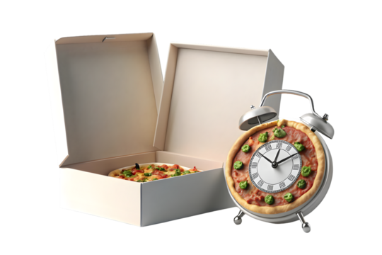 Pizza boxes with alarm clock 3d rendering isolated on transparent background
