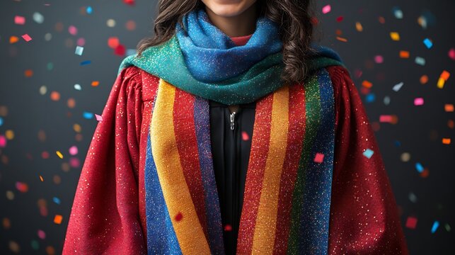 Graduation ceremony card featuring a stylish scarf draped over the gown with diplomas confetti and proud smiles celebrating achievement