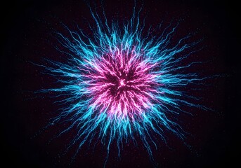 Fototapeta premium Abstract cosmic scene with vibrant pink and blue energy streams emanating from a central point, scattered with sparkling particles. A swirling nebula-like effect creates a dynamic, otherworldly 