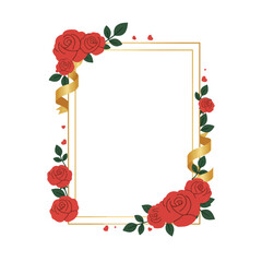 Elegant frame decorated with red roses, green leaves, golden ribbon and hearts.