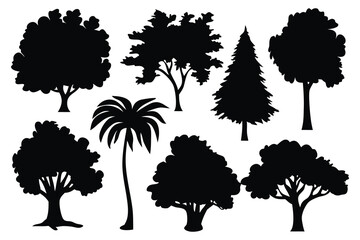 Various Trees silhouettes set isolated flat vector illustration on white background.
