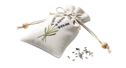 Aromatic lavender sachet with embroidered flower isolated on transparent background, rustic linen pouch for aromatherapy, spa, relaxation, and natural fragrance