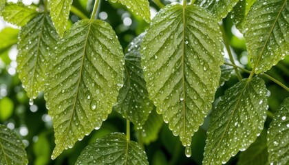 Close-up of lush green leaves covered in water droplets with soft sunlight filtering through. High quality photo
