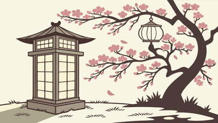 Illustration of japanese garden with pagoda lantern and cherry blossom tree in spring season art