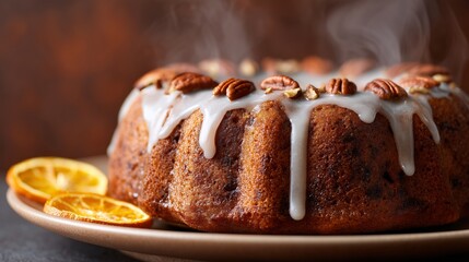 Freshly baked bundt cake topped with creamy glaze, garnished with nuts and orange slices, exuding warmth and inviting aroma, perfect for dessert lovers and culinary enthusiasts
