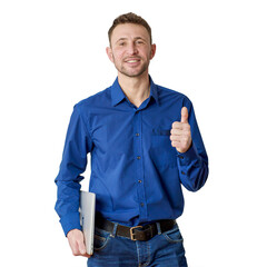 Confident professional with laptop showing thumb up in approval and positivity isolated