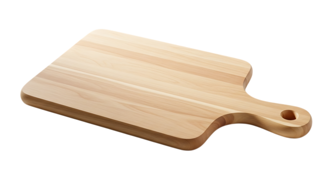 A lightcolored wooden cutting board with a handle, ideal for chopping and slicing ingredients in the kitchen, showcasing its smooth surface, isolated on transparent background