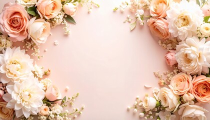 Delicate Peach and Cream Roses and Dahlias Adorn a Soft Pink Background Creating a Beautiful Floral Frame Arrangement