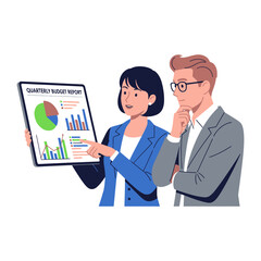Budget Discussion: A detailed illustration shows two business colleagues engaged in a focused discussion, pointing at financial data on a tablet.