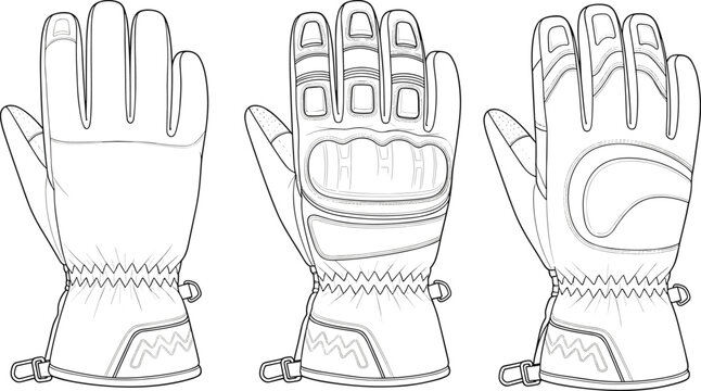 Protective winter sports gloves, detailed line art illustration for design mockups, gear development, safety equipment branding, and outdoor gear catalogues.