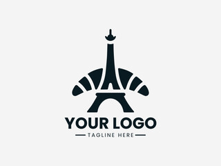 Elegant Parisian bakery with croissant and Eiffel Tower in classic vector logo
