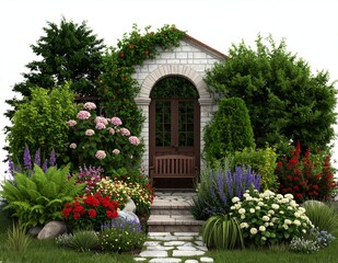 Naklejka premium Lush garden entryway with vibrant flowers and a stone archway leading to double doors and a wooden bench