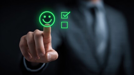 Fototapeta premium Man touching neon smiley face icon on screen, wearing a suit