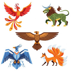 Obraz premium Illustrations of mythical creatures including a phoenix, eagle, qilin, and nine-tailed fox.