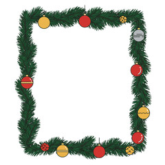 A festive square frame made of green pine branches adorned with red, gold, and silver Christmas baubles, on a white background.