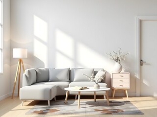 Bright modern living room with sectional sofa and coffee table bathed in sunlight creating a cozy atmosphere