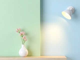 Delicate pink flowers in a white vase on a wooden surface with soft pastel walls and subtle lighting.