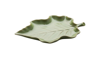 A green ceramic plate in the shape of a leaf, isolated on transparent background, perfect for serving food or as a decorative element