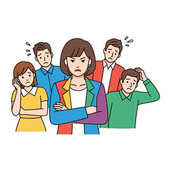 Conflict and Concern: A diverse group of individuals displays a range of emotions, reflecting the tense and stressful atmosphere of a conflict situation.