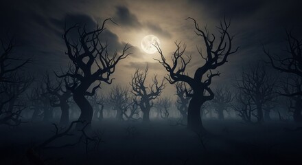 Spooky, barren forest under a full moon