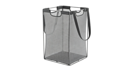 Pop up mesh laundry basket isolated on transparent background, a portable and collapsible container for dirty clothes storage, with a gray metal frame and black handles, studio shot