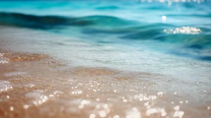 Gentle ocean waves lap the golden sand, creating a serene beach scene perfect for relaxation - Powered by Adobe