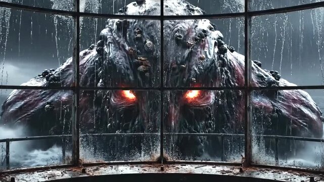 Cinematic view from a rustic window of a giant kraken monster with glowing eyes rising from a dark stormy ocean