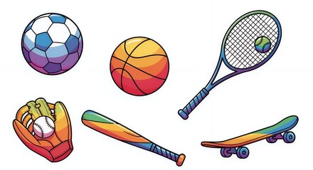 Rainbow Sports Equipment Collection: Soccer, Basketball, Tennis, Baseball, Skateboarding