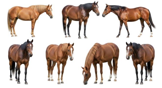 Collection of Brown Horses, transparent background, cutout PNG