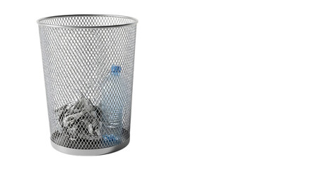 A metal mesh trash can filled with crumpled paper and a plastic bottle, isolated on transparent background, representing waste management and recycling