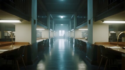 Empty Study Hall with Long Tables and Chairs Under Soft Lighting