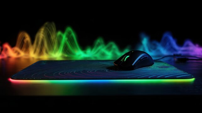 A gaming mouse rests on a colorful RGB illuminated mousepad with a vibrant light wave pattern in the background.