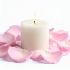Illuminated candle surrounded by delicate pink petals evokes tranquility and warmth on white background