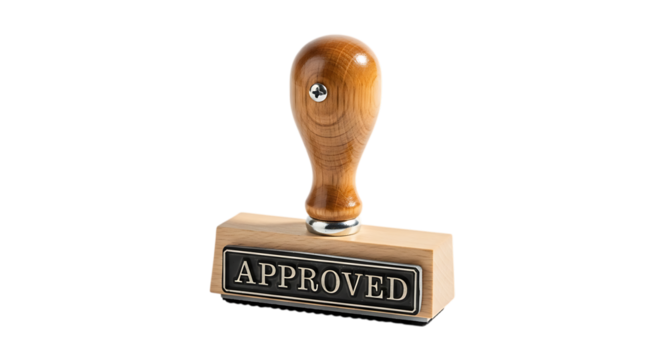 A wooden approved stamp isolated on transparent background, perfect for marking documents and confirming approvals in office and business settings