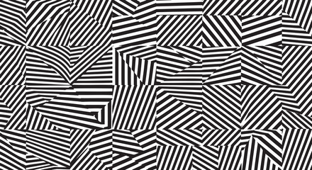 Abstract Black and White Geometric Pattern with Chaotic Stripes High-Contrast Op Art Background with Optical Illusion Lines Modern Dazzle Camouflage Vector Texture with Fragmented Stripes © GraphicGalaxy