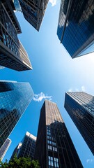 Naklejka premium Skyscrapers, City, Upward View, Blue Sky