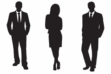 Three business people standing in formal attire silhouettes against a white background