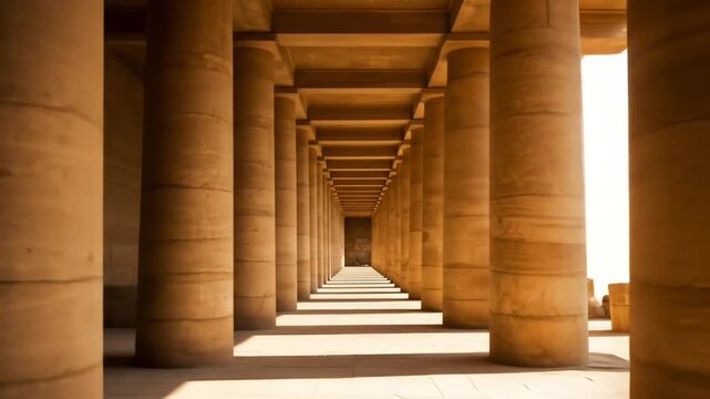Ancient hallway perspective with stone columns architecture and symmetrical light patterns