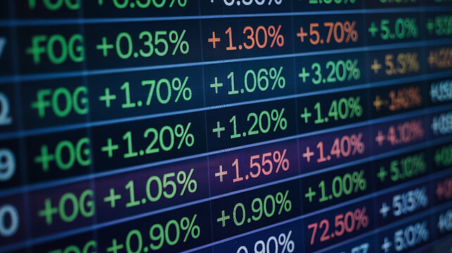 Stock market chart showing prices and financial data on digital display board