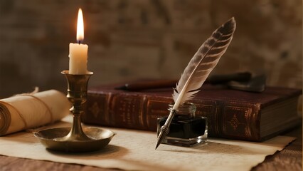 Quill pen in inkwell beside a lit candle and old books on parchment paper