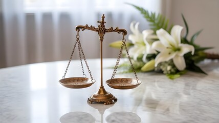Golden Balance Scale with White Lily Flowers on Marble Surface.
