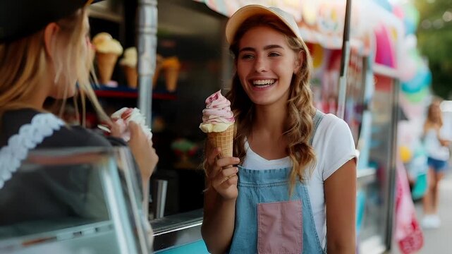 A candid shot of a young woman eating an ice cream cone at a food truck. She is wearing a white tshirt and blue overalls with a pink pocket on the left side.