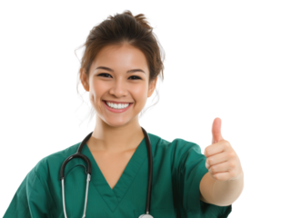 Portrait of smiling healthcare worker doctor nurse thumbs up gesture on transparent background